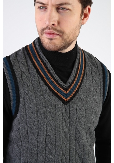 Ferraro Füme Örgü Desenli V Yaka %100 Kuzu Yünü Erkek Süveter