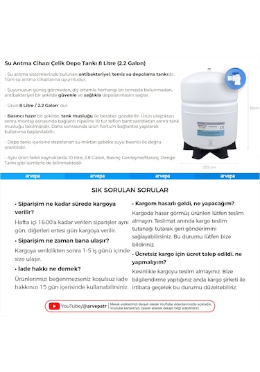 Su Arıtma Cihazı Çelik Depo Tankı 8 Litre 2.2 Galon