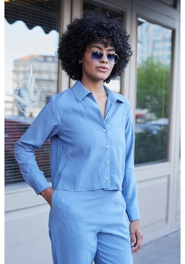 Kadın Likrasız Modal Kumaş Uzun Kol Hafif Kısa Gömlek-indigo Indigo