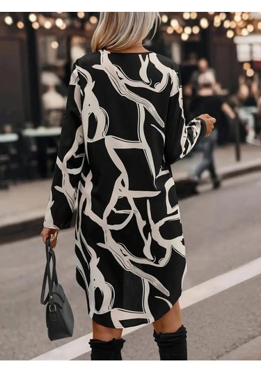 Kadın Uzun Kollu V Yakalı Desenli Dalgıç Elbise Siyah