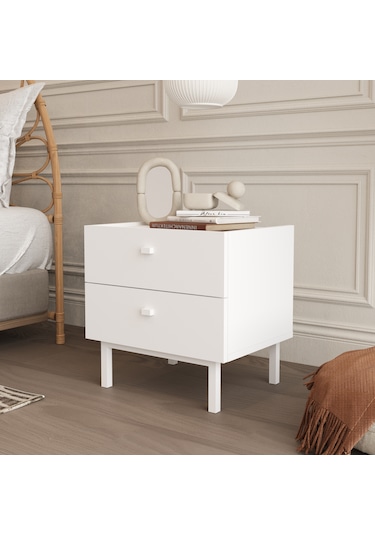 Robinhome Rhode Komodin 2 Çekmeceli Ahşap Ayaklı Beyaz