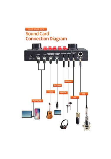 Geeksen V8s Dışarıdaki Ses Kartı, Canlı Yayın Ve Mikser Fonksiyonu, 6 Ses Modu, 12 Efekt, 1200mah Pil, Siyah