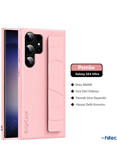 Schitec Samsung Galaxy S24 Ultra Uyumlu Premium Case Parmak Askılı Telefon Kılıfı Pembe