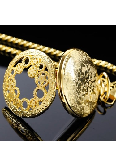 Köstekli Çarklı İşlemeli Gold Renk Cep Saati