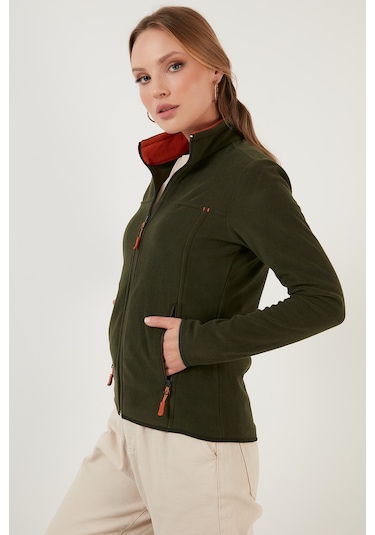 Lela Slim Fit Anti-Pilling Tüylenme Yapmayan Fermuarlı Cepli  Hırka Bayan Polar 5907002 Haki