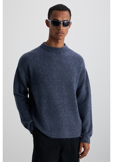 Tromso Erkek Relaxed Fit Bisiklet Yaka Sıcak Tutan Triko Indigo Kazak