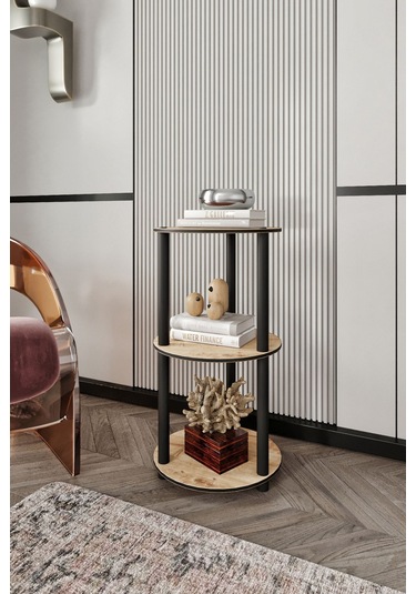 3 Katlı Dekoratif Yuvarlak Kitaplık Meşe Meşe