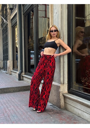 Kadın Yüksek Bel Kuşaklı Desenli %100 Viscose Pamuk Geniş Paça Şık Casual Büyük Beden Curve Pantolon Kırmızı