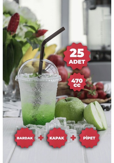 Plastik Milkshake Bardağı Kapak Pipet 16 Oz 470 Cc 25 Adet