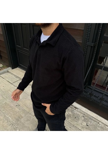 Erkek Fitilli Polar Sweatshirt Düğmesiz Polo Yaka, Oversize Rahat Kalıp, Kalın Polar Kumaş, Kışlık Siyah