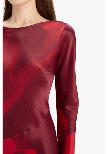 DeFacto Bisiklet Yaka Batik Saten Uzun Kollu Maxi Abiye Elbise E7451AX25SPRD211