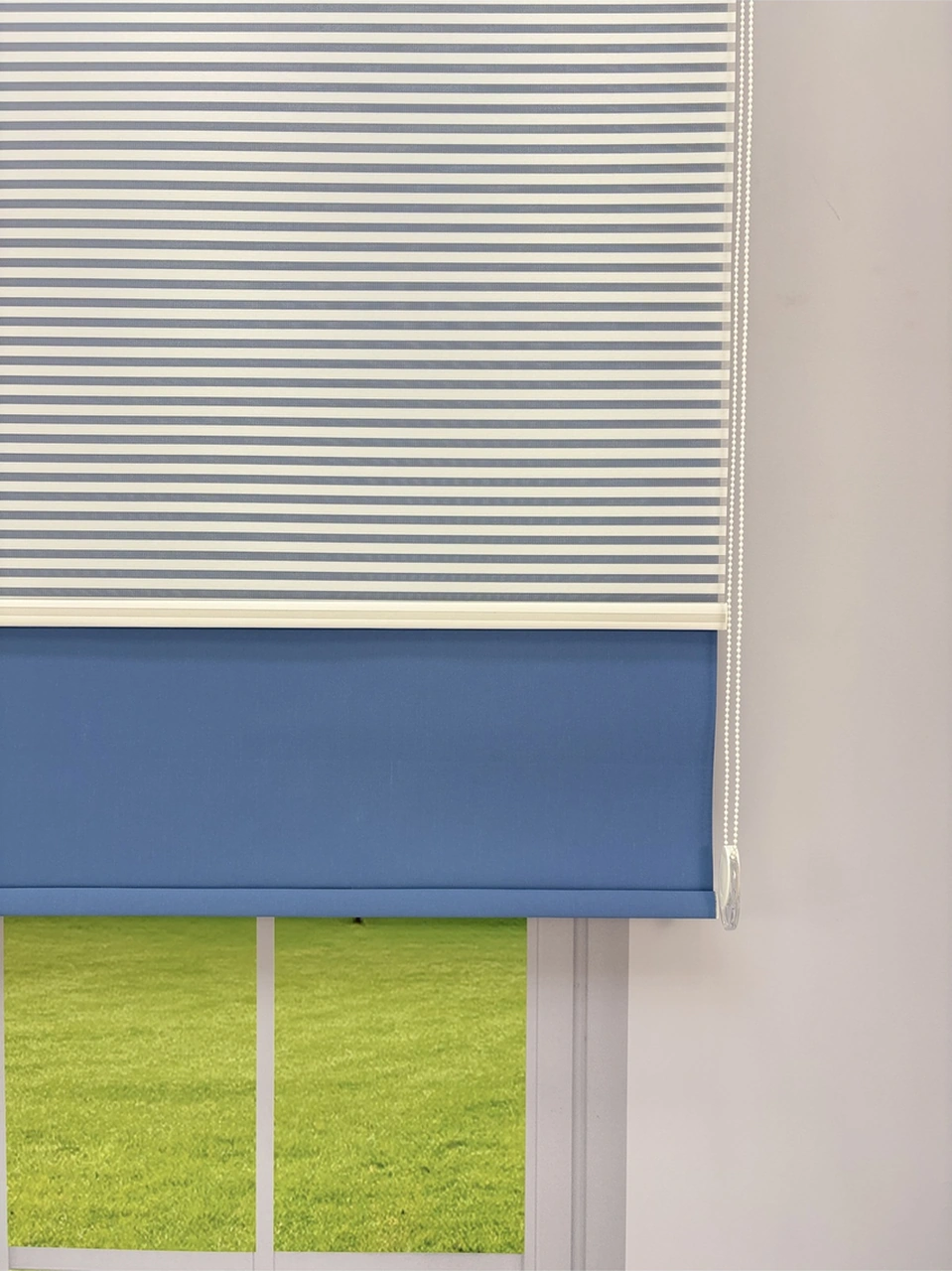 Luna Serisi Beyaz Tül Mavi Stor Perde Işık Kontrollü, Çift Mekanizmalı, Kolay Montaj Mavi