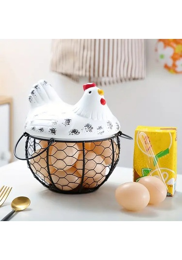 Willowhaven Beyaz Seramik Yumurta Saklama Kutusu Tavuk Desenli Metal File Ve Çiçek Dekor Beyaz