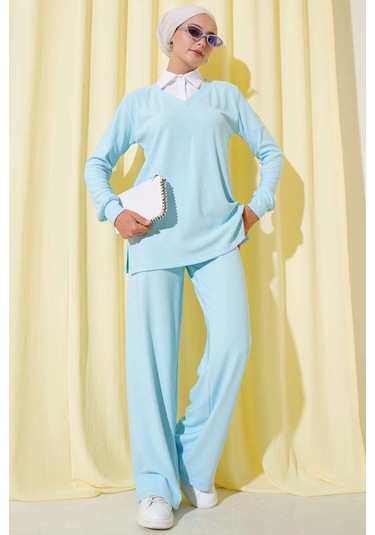 Gömlek Yaka Fitilli Salaş İkili Takım Buz Mavisi T4300 Mavi