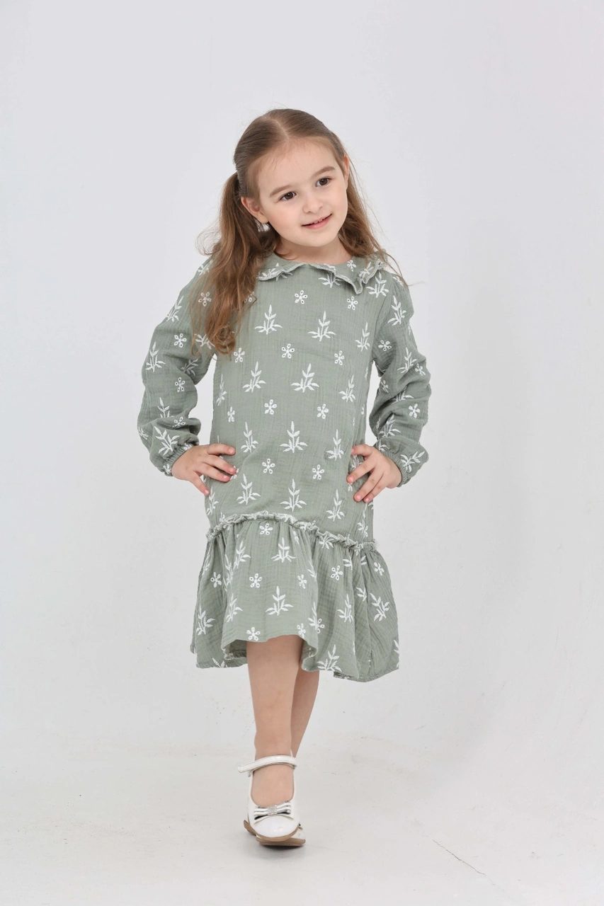 Toontoy Kız Çocuk Çiçek Nakışlı Bebe Yaka Elbise Açık Yeşil