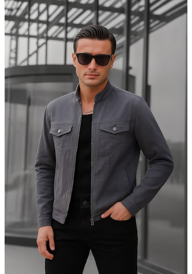 Antrasit Renk Fermuarlı Erkek Kot Ceket-1690 Antrasit