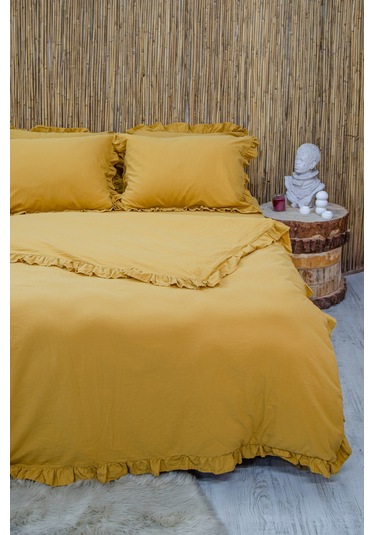 Lilya Keten Görünümlü Fırfırlı %100 Pamuk Çift Kişilik Nevresim Takımı - Lilyack Ekru