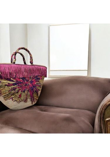 Hasır Çanta, Plaj Çantası, Tasarım Çanta, Püsküllü,desenli El Çantası Mürdüm