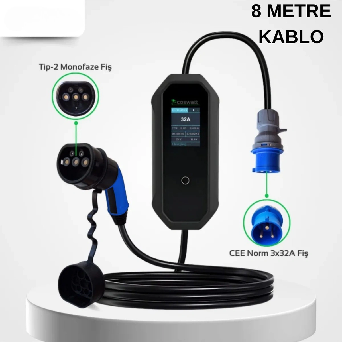 Coswatt 7.4 KW 32A Tip-2 3X32A 8 M Elektrikli Araç Taşınabilir Şarj İstasyonu