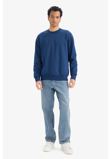 Defacto Boxy Fit Bisiklet Yaka İçi Yumuşak Tüylü Baskılı Sweatshirt X8282az25auın270 İndigo-ın270