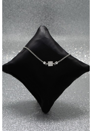 Parmas Design Zirkon Taşlı Minimal Kare Figür 925 Ayar Gümüş Kadın Ayarlanabilir Bileklik - Gümüş