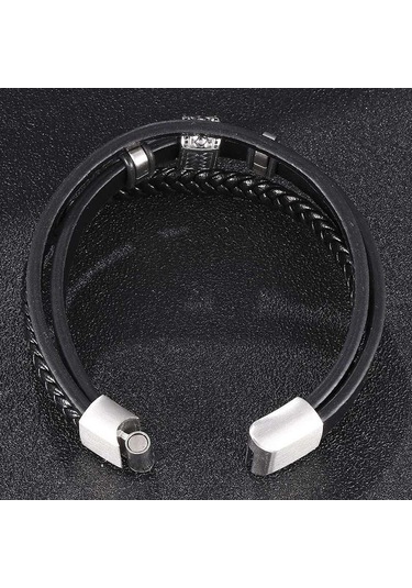 Yeni Moda Erkek Çok Katmanlı Örgülü Deri Bileklikler Paslanmaz Çelik El Takısı Halat Bileklikler Erkek İçin Bileklik Hediye Siyah