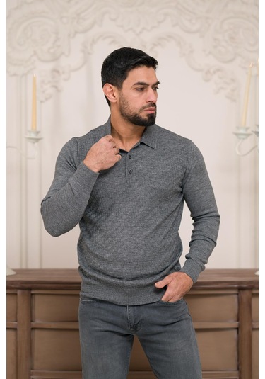 Woolen World Polo Yaka Slimfit Desenli Yünlü Erkek Triko Kazak Gri