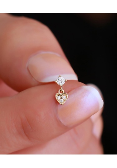 14 Ayar Altın Taşlı Kalp Sallantılı Tragus Piercing Sarı