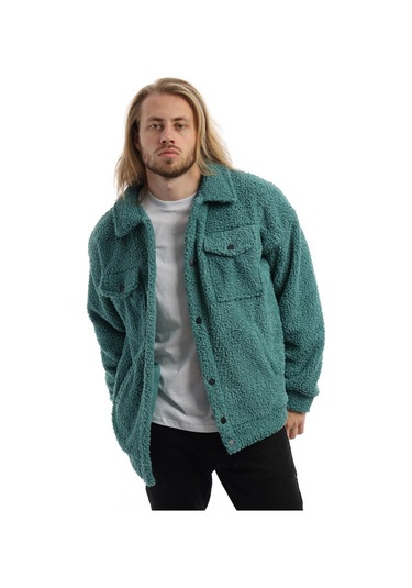 Erkek Kıvırcık Peluş Cıt Cıt Kapamalı Oversizeceket Petrol