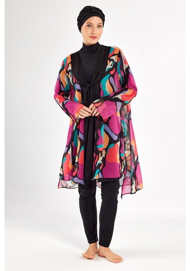 3'lü Pareolu Likralı Tam Kapalı Tesettür Mayo Yumı 1134 Siyah Siyah