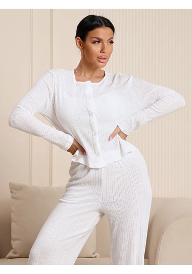 Sevılle Yılbaşı Üçlü Pijama Seti Evde Giymek İçin Büyük Bedenli Pantolonlu 446797801 Beyaz