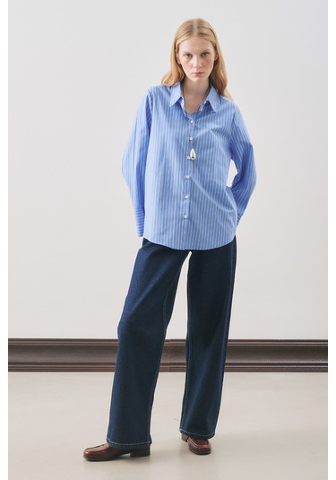 Oversıze Çizgili Gömlek Mavi Çizgi Mavi Çizgi