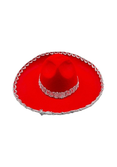 Meksika Mariachi Latin Şapkası Lüks 41cm Kırmızı Zemin Üstüne Gümüş Sim Kenarlıklı Parti Kostümü