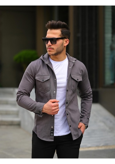 Antrasit Renk Kapüşonlu Kot Ceket-1451 Antrasit