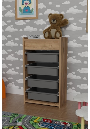 4 Sepetli Oyuncak Dolabı Çok Amaçlı Dolap Atlantik Çam - Gri Kahverengi