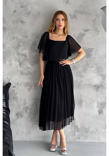 Kadın Astarlı Piliseli Şifon Elbise Dpk2099 Siyah