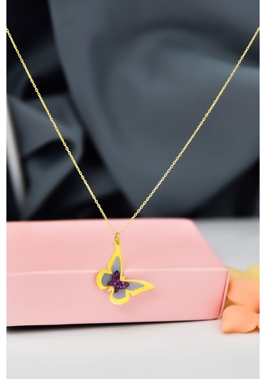 925 Ayar Gümüş Gold Kaplama Rüya Serisi Cam Boyalı İç İçe Kelebek Kolye