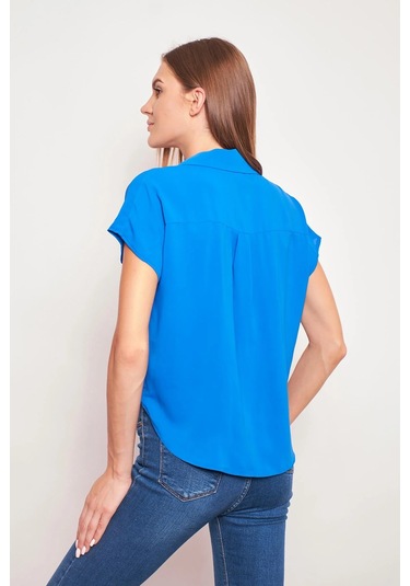 Likrasız Şık Kumaş Yakalı Düşük Omuzlu Önü Pileli Gömlek-Sax Sax