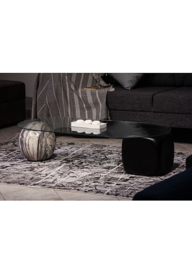 Top Sehpa & Küre Sehpa Oval Cam Orta Sehpa - Diana Traverten Desen & Siyah Zar