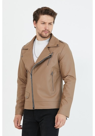 Erkek Vizyon Yeni Sezon Çapraz Fermuarlı Deri Ceket Mont-Vizon