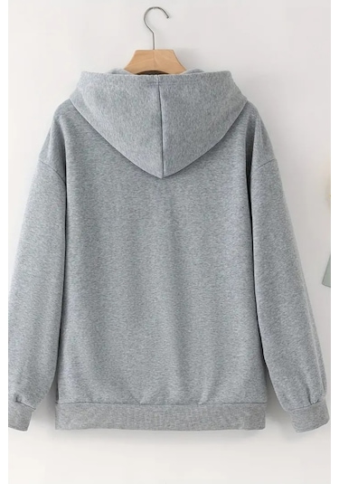 Unisex Gri Kapüşonlu Fermuarlı Hırka Sierra Nevada Baskılı, Şardonlu Kalın Kumaş Gri