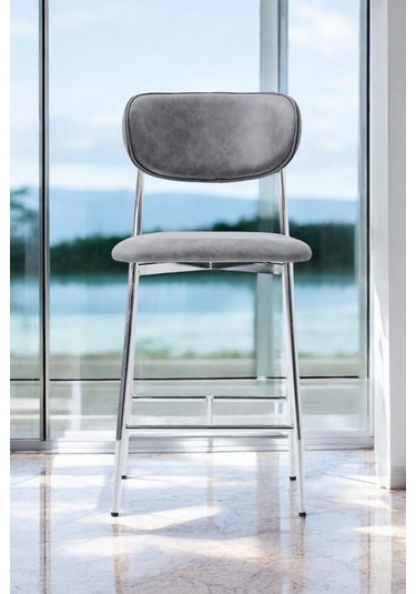 Hanev Serisi 1 Adet 75 Cm Krem Ada Mutfak Bar Sandalyesi Gold Kaplama Metal Ayak Gri Sandalye - Krom Ayak Gri