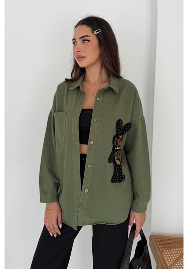 Leopar Ayıcık Armalı Gabardin Kumaş Gömlek Haki Haki