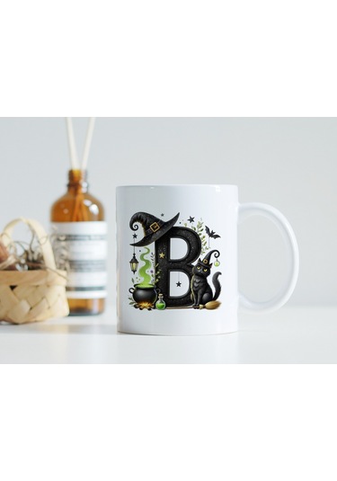 B Harfli Halloween Kedili Figür Kupa Bardak - Şapkalı Ve Kazanlı İsme Özel Kupa - Hediye Beyaz