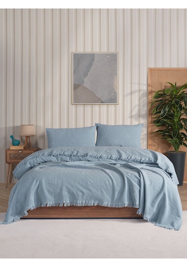 Jakar Daire Çift Kişilik Yatak Örtüsü Seti Açık Mavi Kutulu Mavi