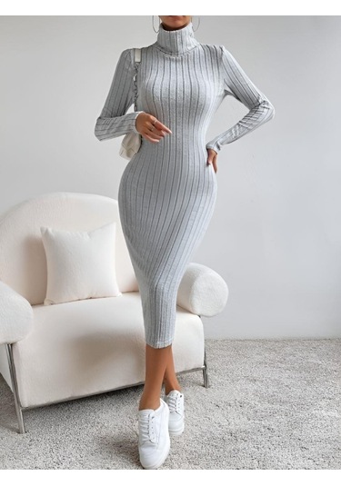 Kadın Balıkçı Yaka Uzun Kollu Kaşkorse Midi Elbise 001