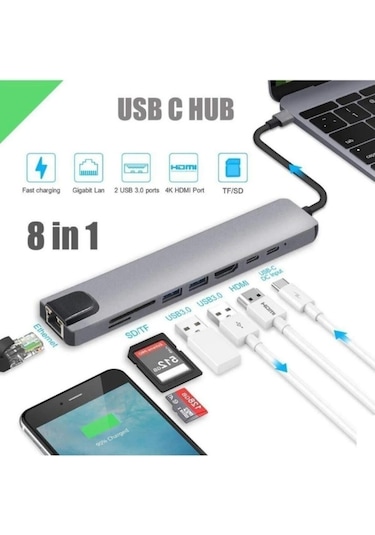 8 in 1 Ethernet SD - USB Type-C - Hub - HDMI Girişli Apple Uyumlu MacBook Çevirici