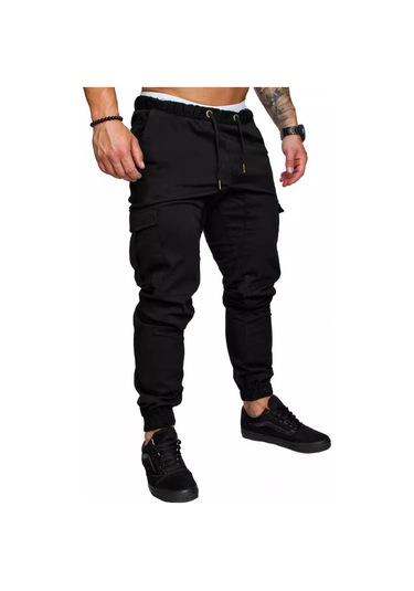 Erkek İlkbahar Ve Sonbahar Uzun Pantolon Moda Günlük İpli Elastik Pantolon Düz Renk Cepli Pantolon Siyah