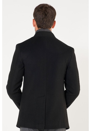 Erkek Slim Fit Hakim Yaka Siyah Kısa Kaşe Kaban-Siyah