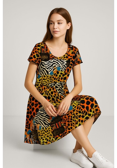 2 Adet Dökümlü Rahat Kalıp Günlük Penye Kumaş Elbise Kahverengi - Yeşil